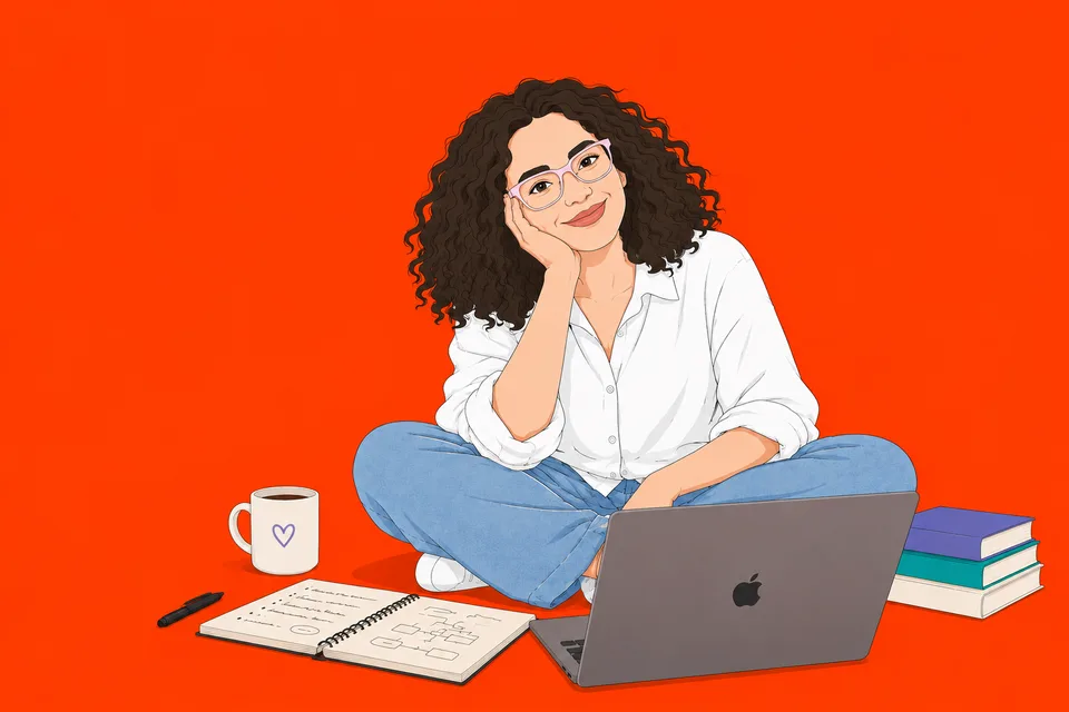 Illustration of Apeksha sitting cross-legged with a laptop, a notebook, a mug and a stack of books