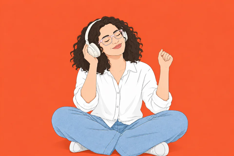 Illustrated drawing of Apeksha Khanal listening to music in headphones