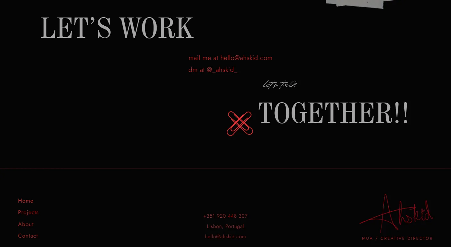 “Let’s Work” and “Together!!” in large grey condensed type, with the email address and Instagram handle in red between them, a handwritten “let’s talk”, and crossed red clips.