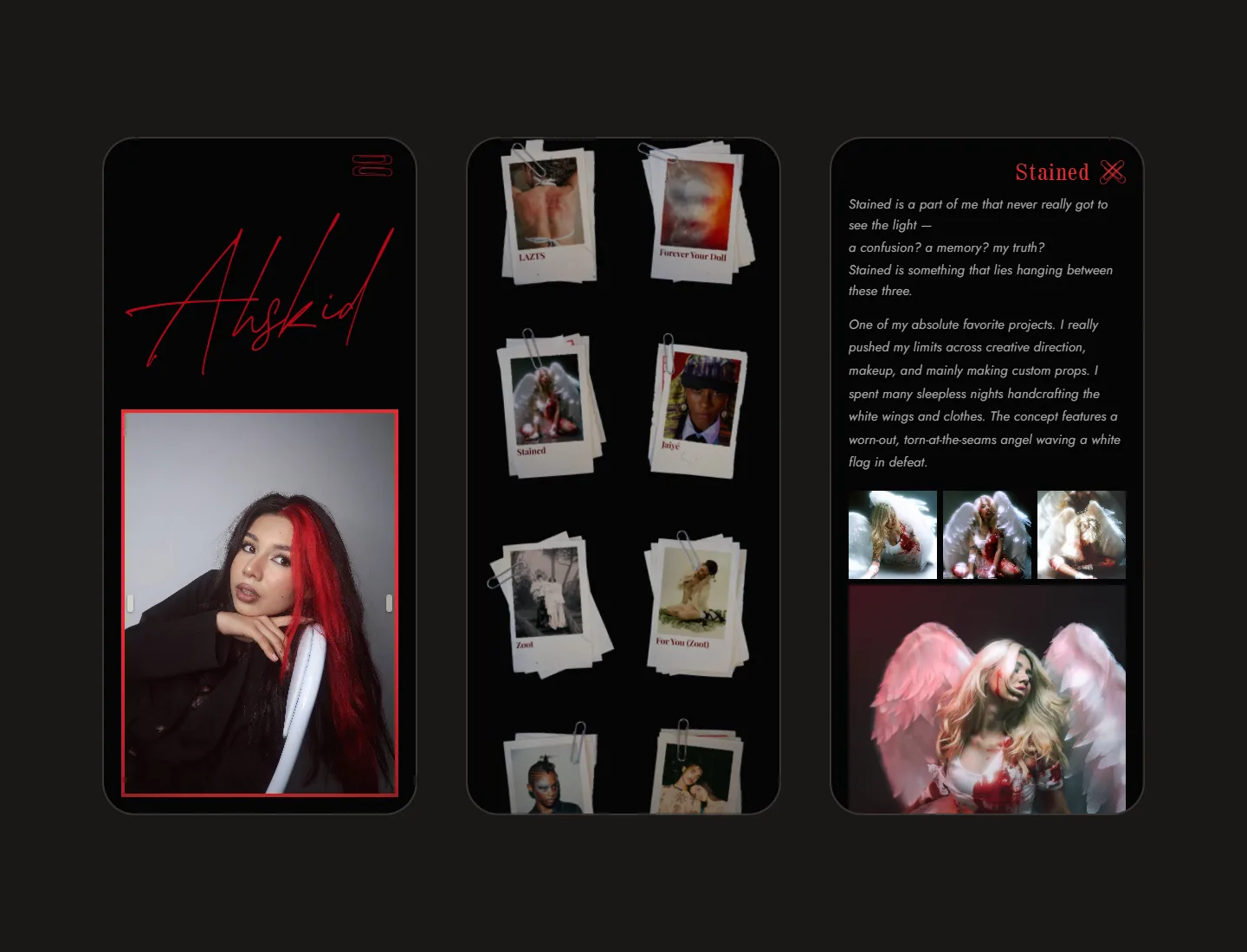 Three phone screens: the signature above the framed portrait, the pinboard as a two-column scrapbook, and Stained opened with Diksha’s statement and its photographs.