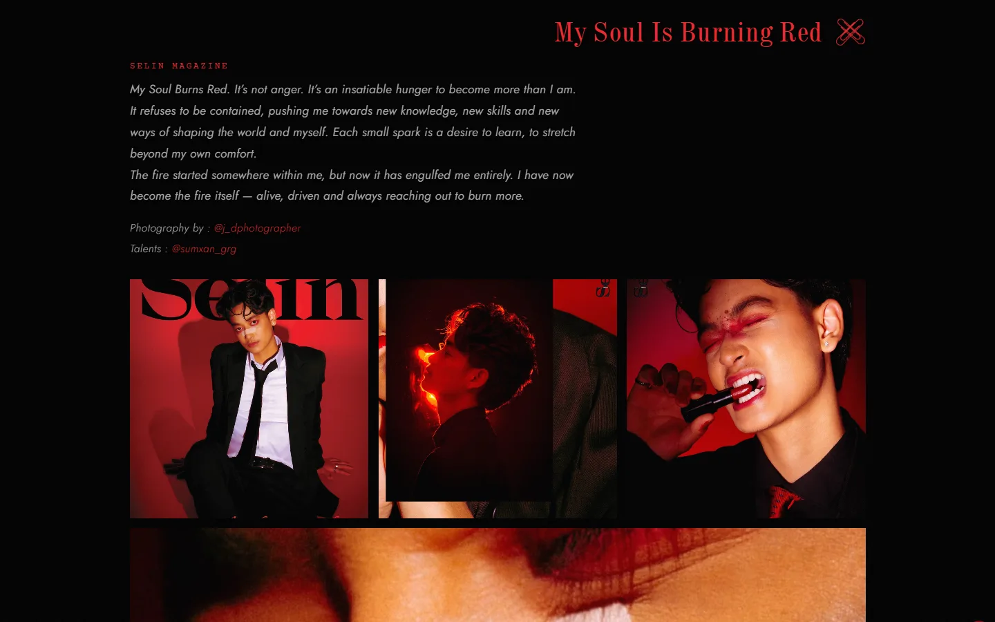 My Soul Is Burning Red, opened: the title on the right, “Selin Magazine” as a red masthead, Diksha’s statement in italics, photography and talent credits, and a row of three red-lit photographs above a larger one.