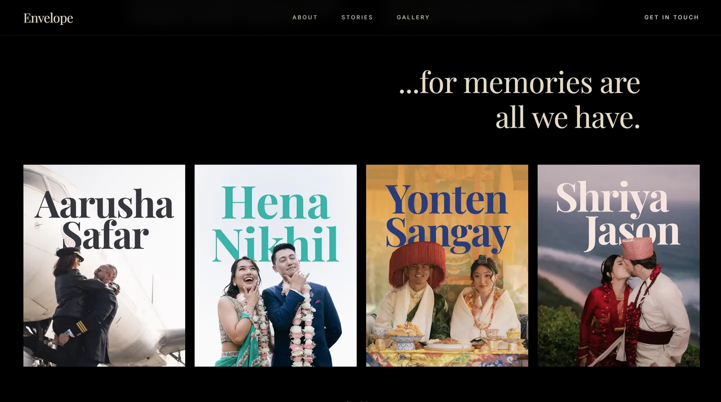 The featured couples on the Envelope home page — four tall cards, each under the couple's own names.