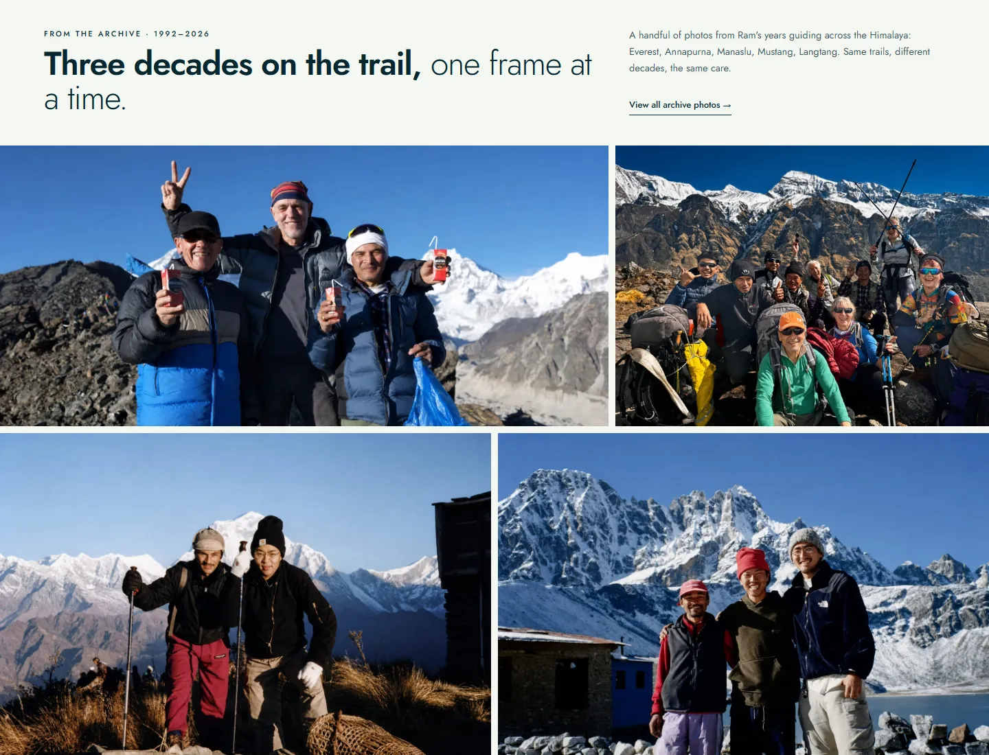 “Three decades on the trail, one frame at a time.” above a mosaic of group photographs on Himalayan passes, from recent colour shots to older film prints.