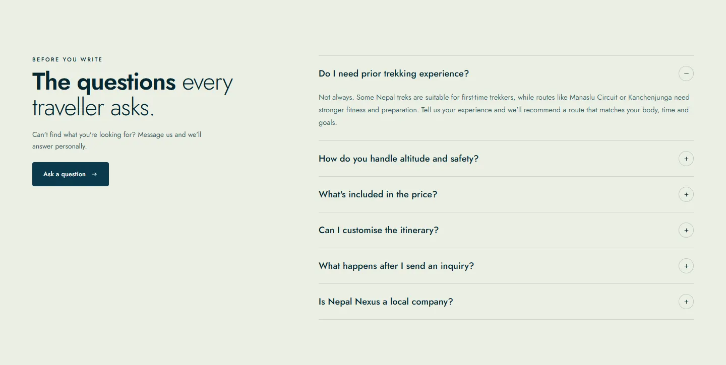 “The questions every traveller asks.” beside an accordion opened to “Do I need prior trekking experience?”