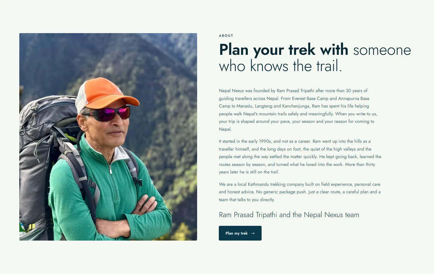The about section: a portrait of Ram Prasad Tripathi in an orange cap and a green fleece beside the headline “Plan your trek with someone who knows the trail” and three paragraphs on how he started guiding.