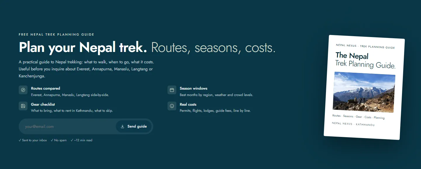 “Plan your Nepal trek. Routes, seasons, costs.” with an email field and a Send guide button beside the cover of the Nepal Trek Planning Guide.