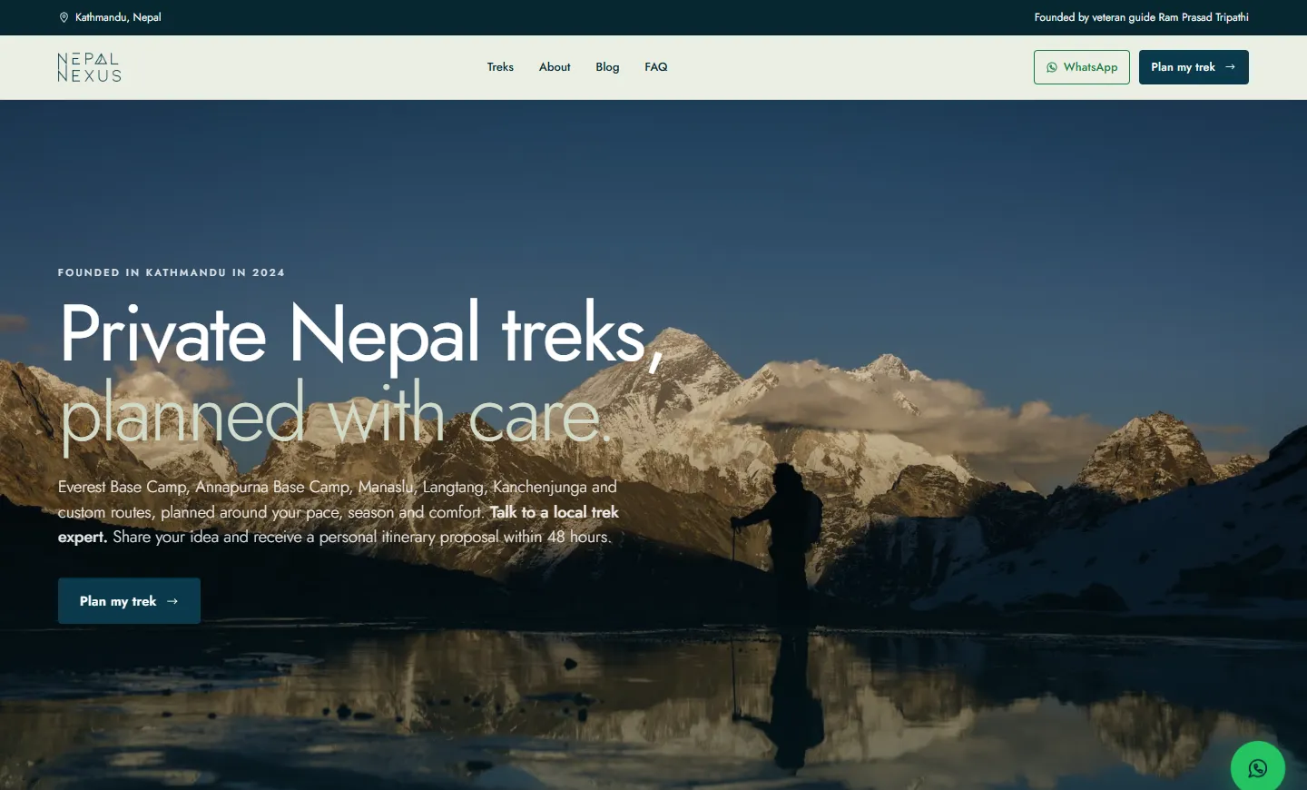 The Nepal Nexus home page: “Private Nepal treks, planned with care.” over a trekker silhouetted against Himalayan peaks at dusk, above a Plan my trek button.
