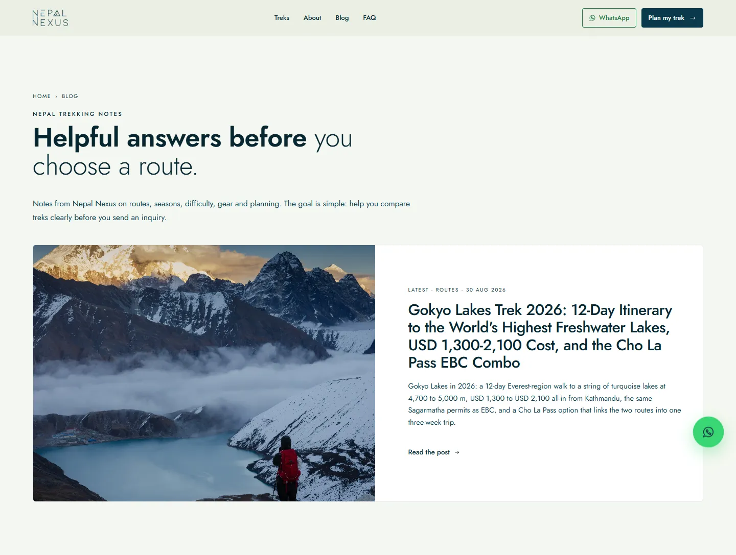 The journal index: “Helpful answers before you choose a route.” above a featured post on the Gokyo Lakes trek.