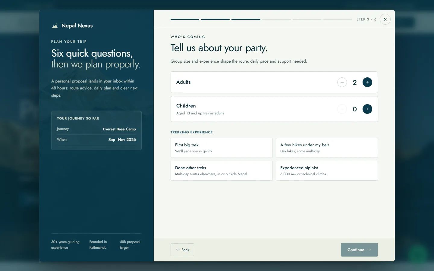 Step three, “Tell us about your party”, with counters for adults and children and four levels of trekking experience, while the side panel lists the route and season chosen so far.