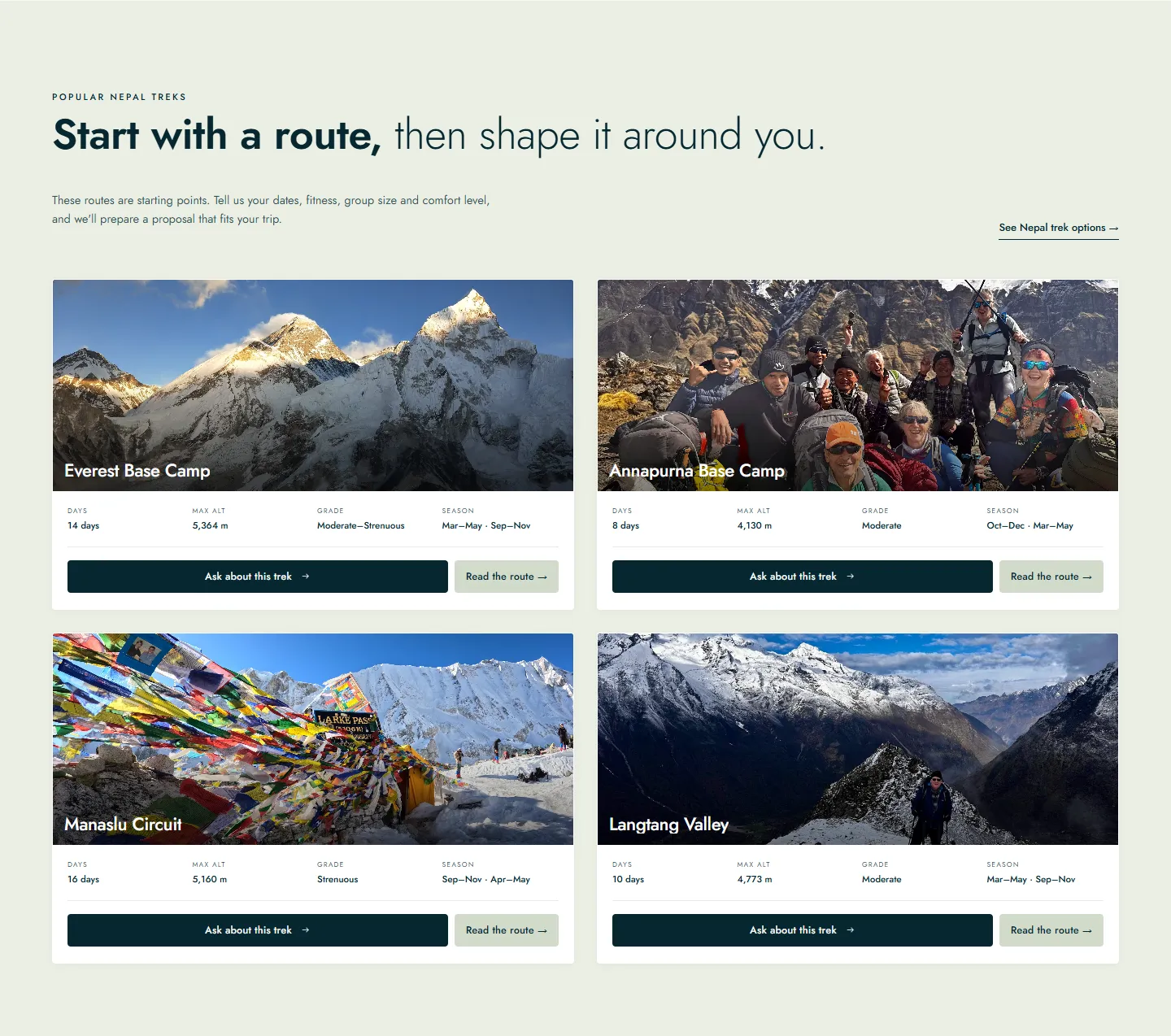 “Start with a route, then shape it around you.” above four route cards (Everest Base Camp, Annapurna Base Camp, Manaslu Circuit and Langtang Valley), each giving days, maximum altitude, grade and season.