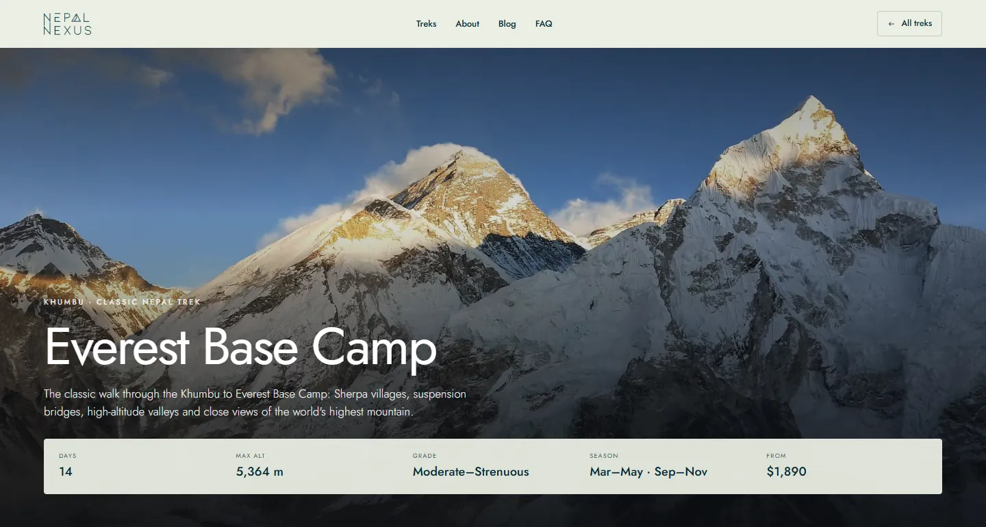 The Everest Base Camp route page: a full-width photograph of Everest and Nuptse above a bar giving 14 days, 5,364 m, Moderate–Strenuous, Mar–May and Sep–Nov, and a starting price.