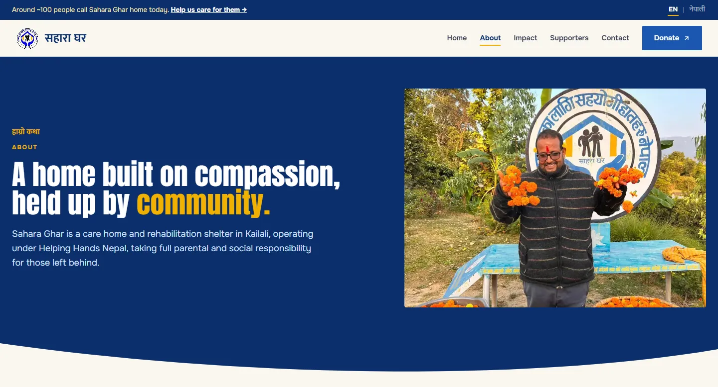 The About page: “A home built on compassion, held up by community.” beside a photograph of the founder holding marigolds in front of the shelter’s sign.
