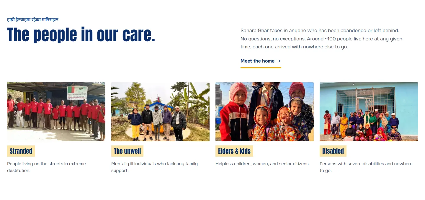 “The people in our care.” above four photographs, labelled Stranded, The unwell, Elders & kids, and Disabled.