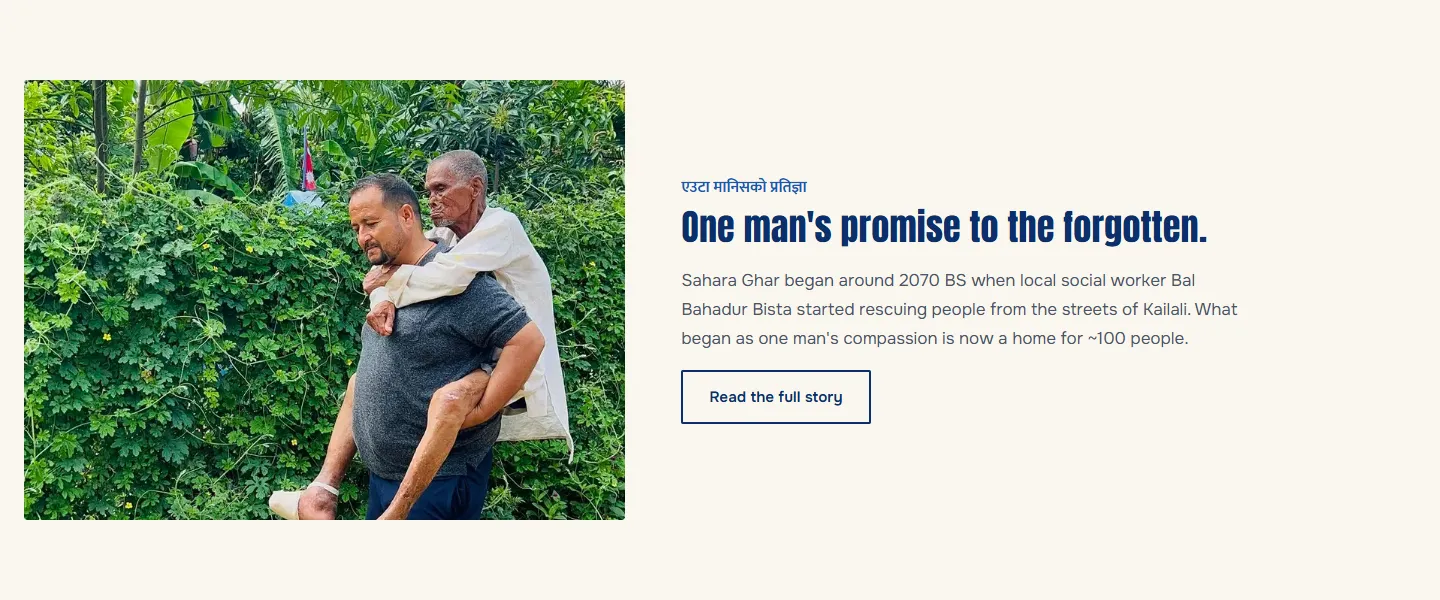 “One man’s promise to the forgotten.” beside a photograph of Bal Bahadur Bista carrying an elderly man on his back.