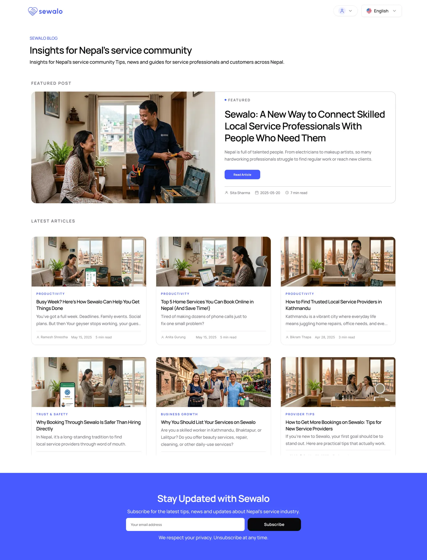 The Sewalo blog template: an eyebrow label and headline, a featured post with the image on the left and author, date and read link on the right, then a three-across grid of article cards above a subscribe band.