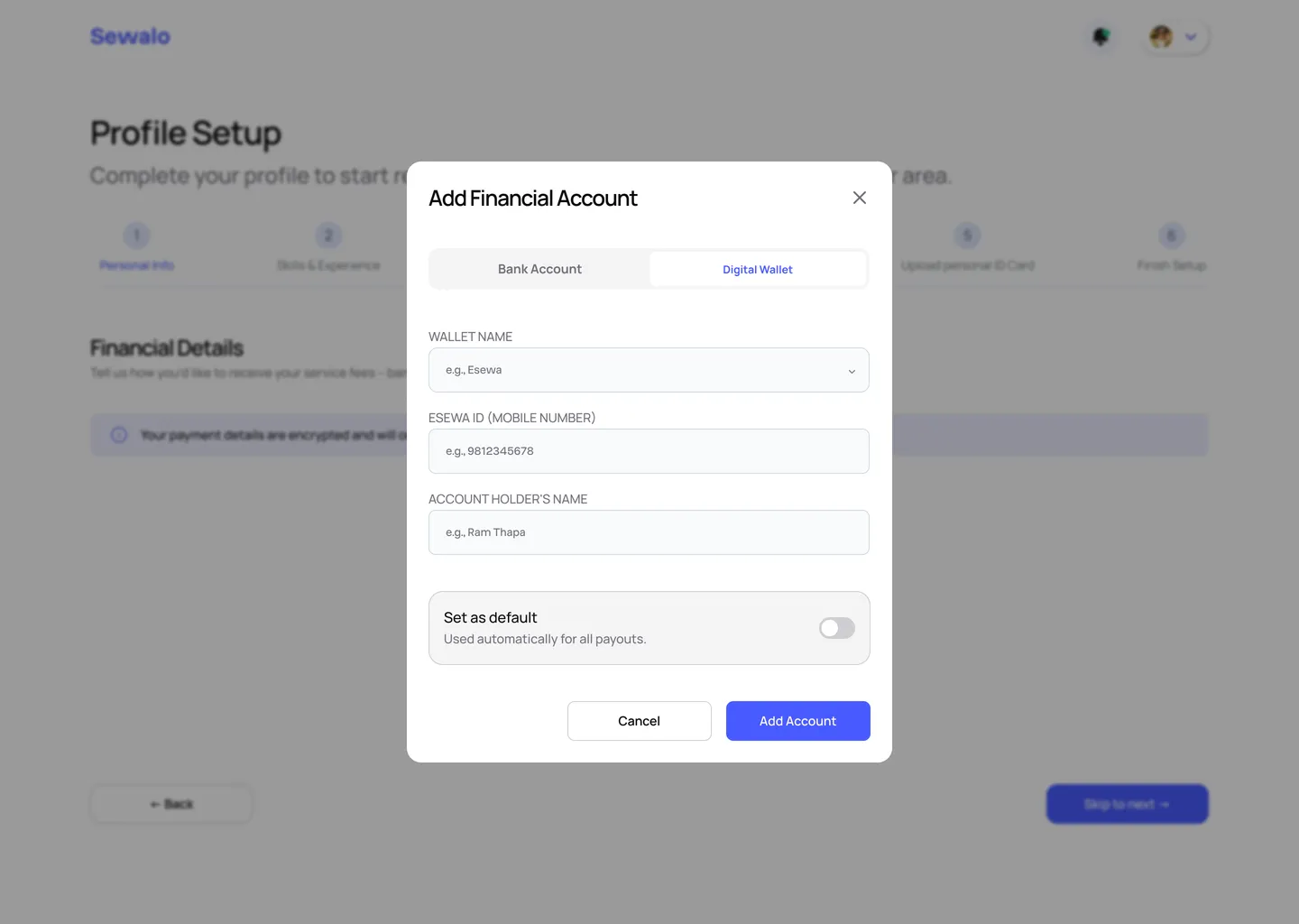 The same dialog on the Digital Wallet tab, with Wallet Name, eSewa ID (mobile number) and Account Holder's Name.