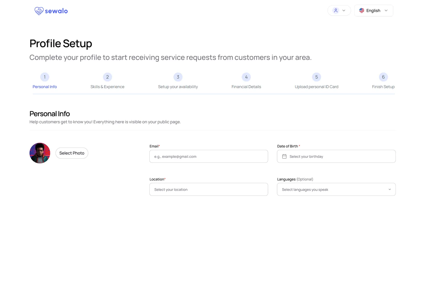 Step one of Sewalo's profile setup, Personal Info, with a six-step progress bar across the top and fields marked either with a required asterisk or the word Optional.