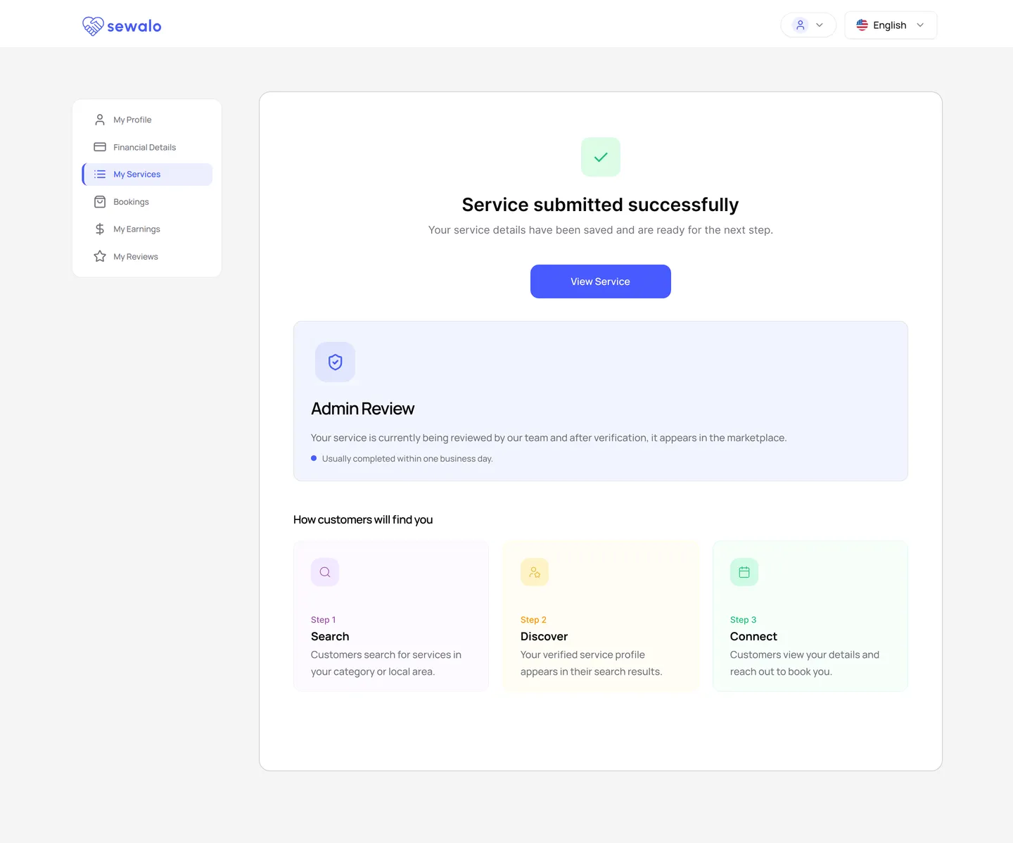The service submitted screen: a success confirmation and View Service button, an Admin Review panel saying verification usually completes within one business day, and a “How customers will find you” row of three steps — Search, Discover, Connect.